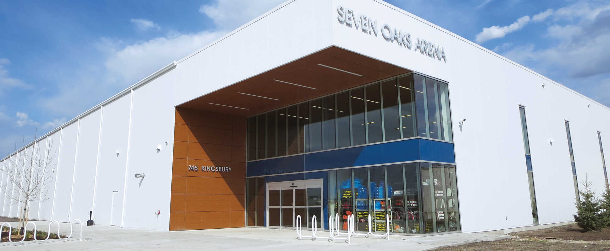 Seven Oaks Arena entrance with building signage 