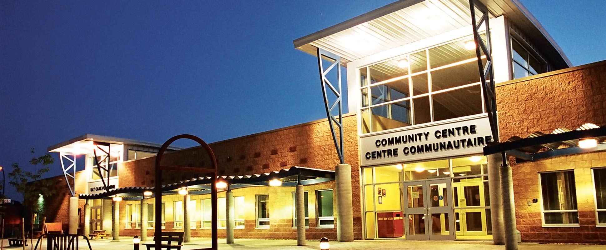 Shilo Family Resource Centre and Day Care entrance lit up at night