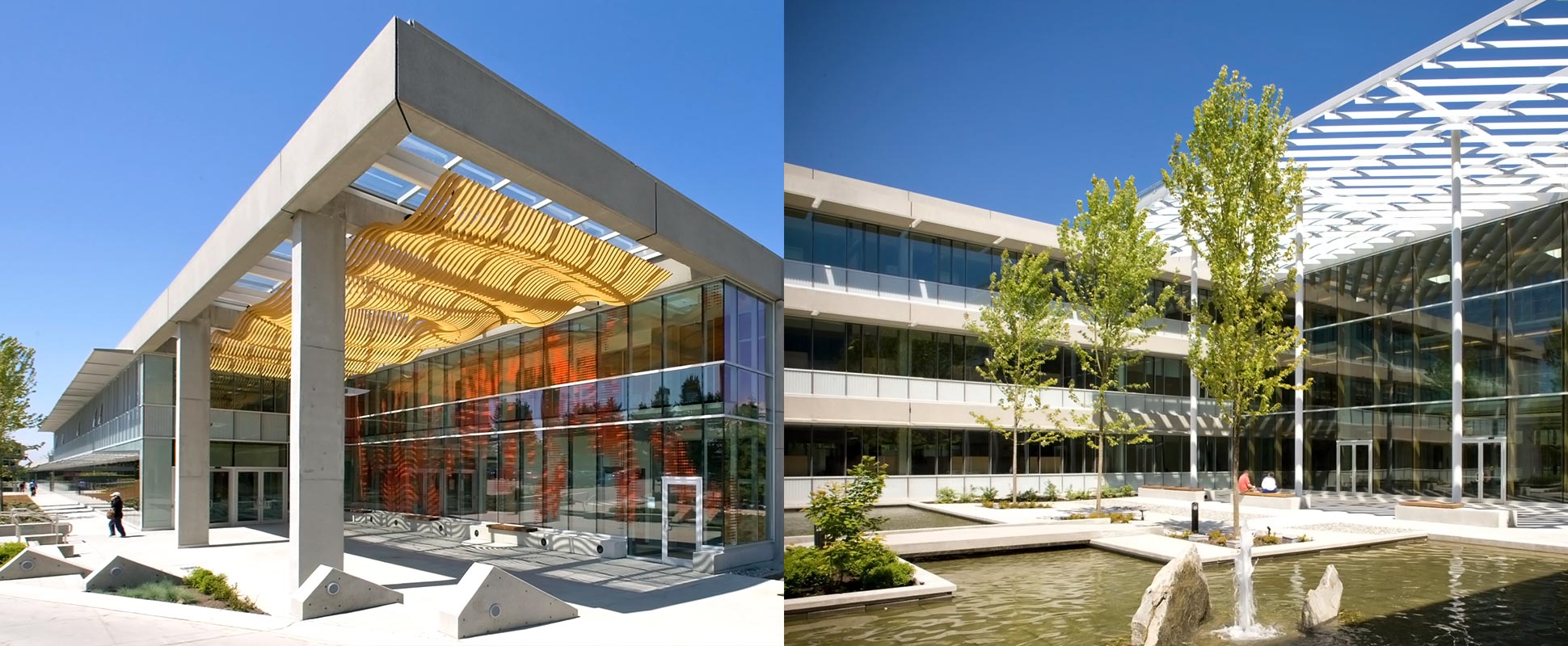 Split image of Simon Fraser University Saywell Hall and Blusson Hall showing roof overhang and water feature