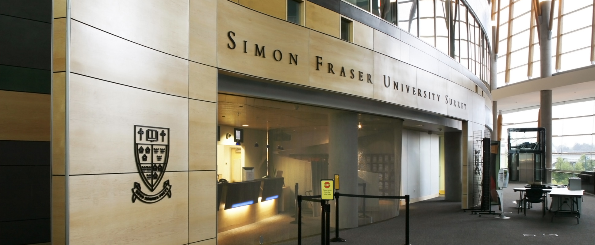 Simon Fraser University Surrey Campus interior lobby close up showing signage