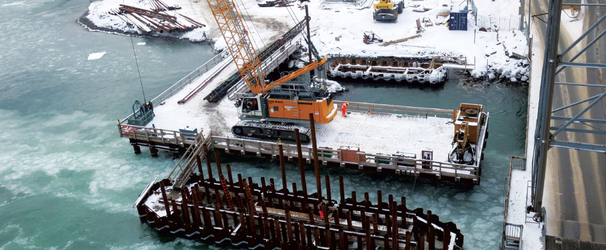 Sir Ambrose Shea Lift Bridge under construction in winter
