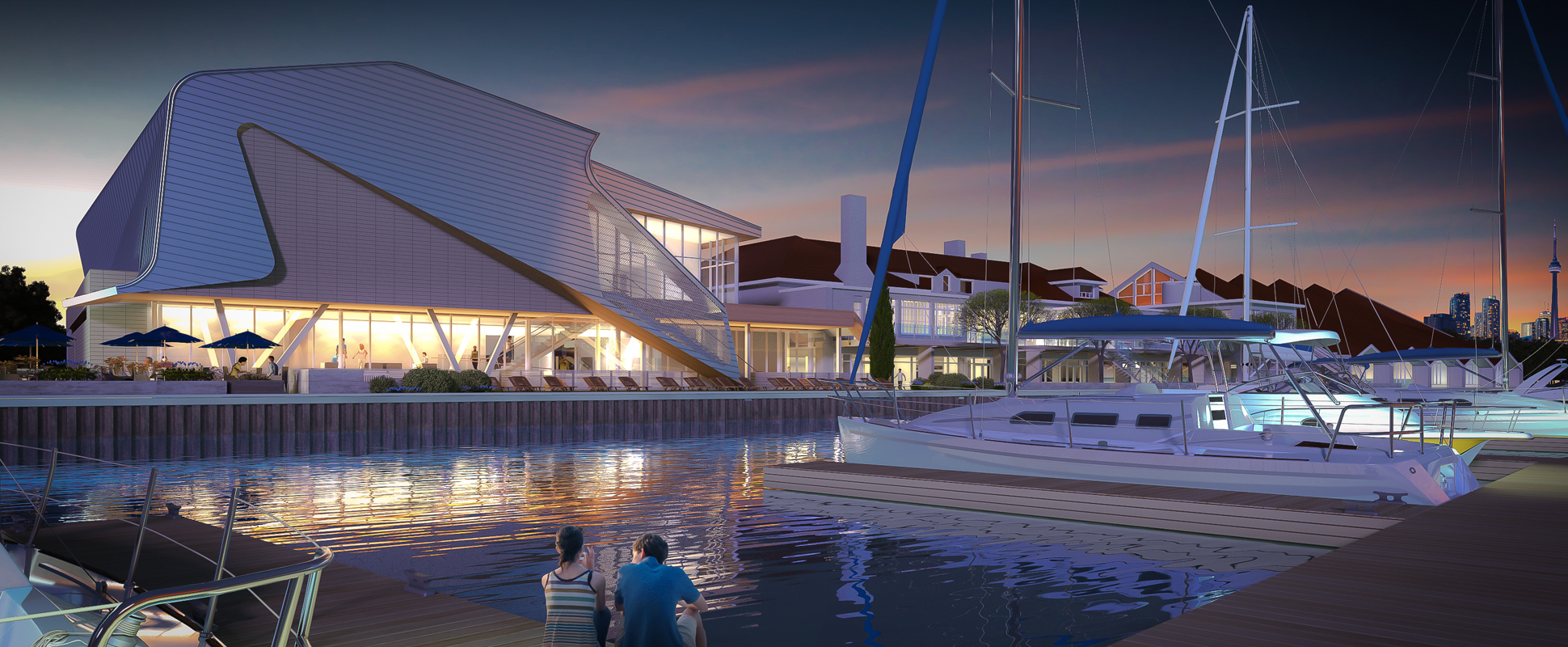 Exterior of the Boulevard Club at sunset with marina in foreground