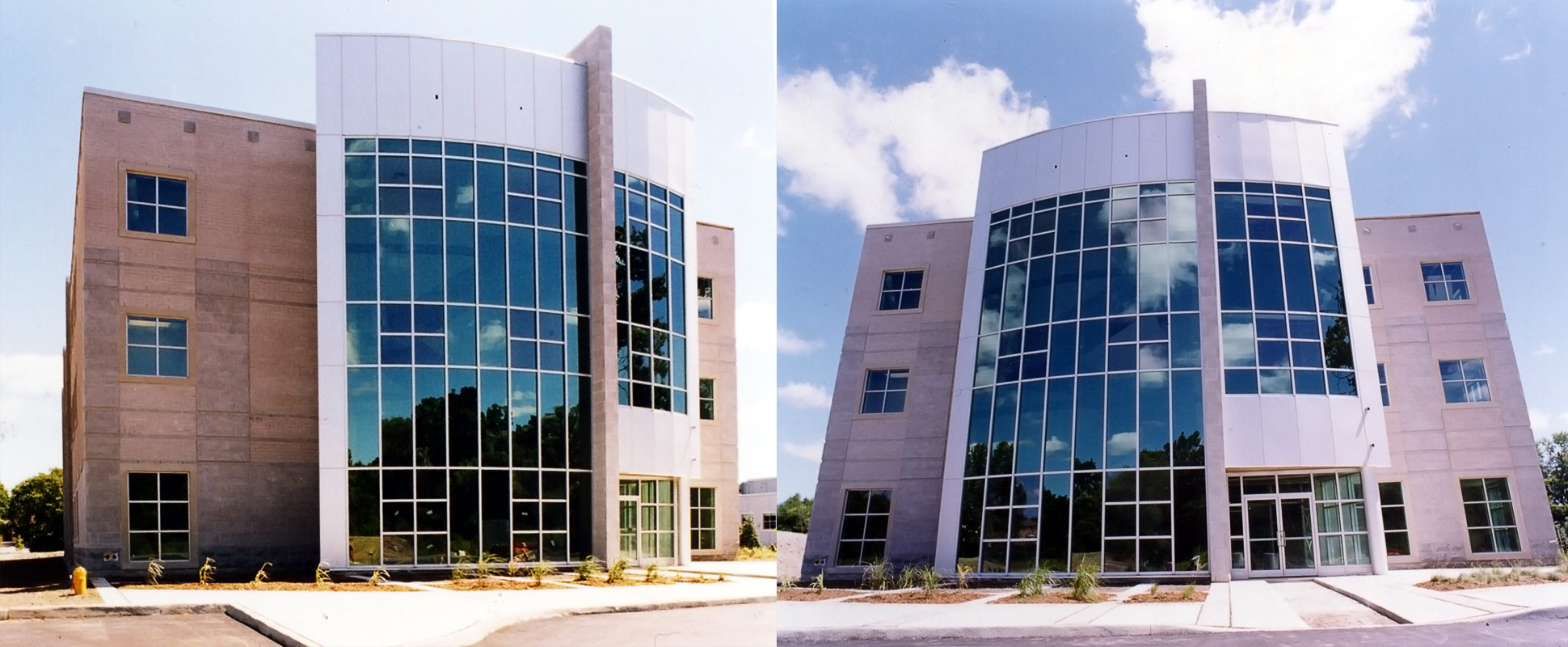 Split image of front facade of the Stiller Centre for Biotechnology Commercialization