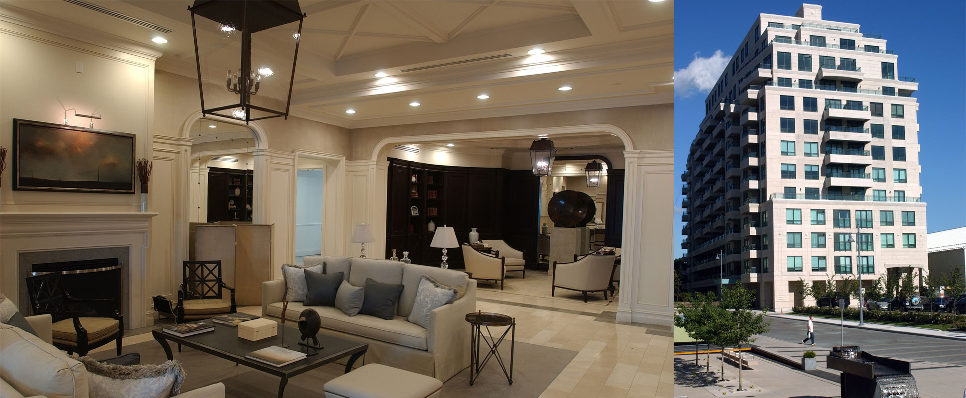 Split view image of the interior lounge area of the Thornwood Residences Phase 2, and the exterior of the building