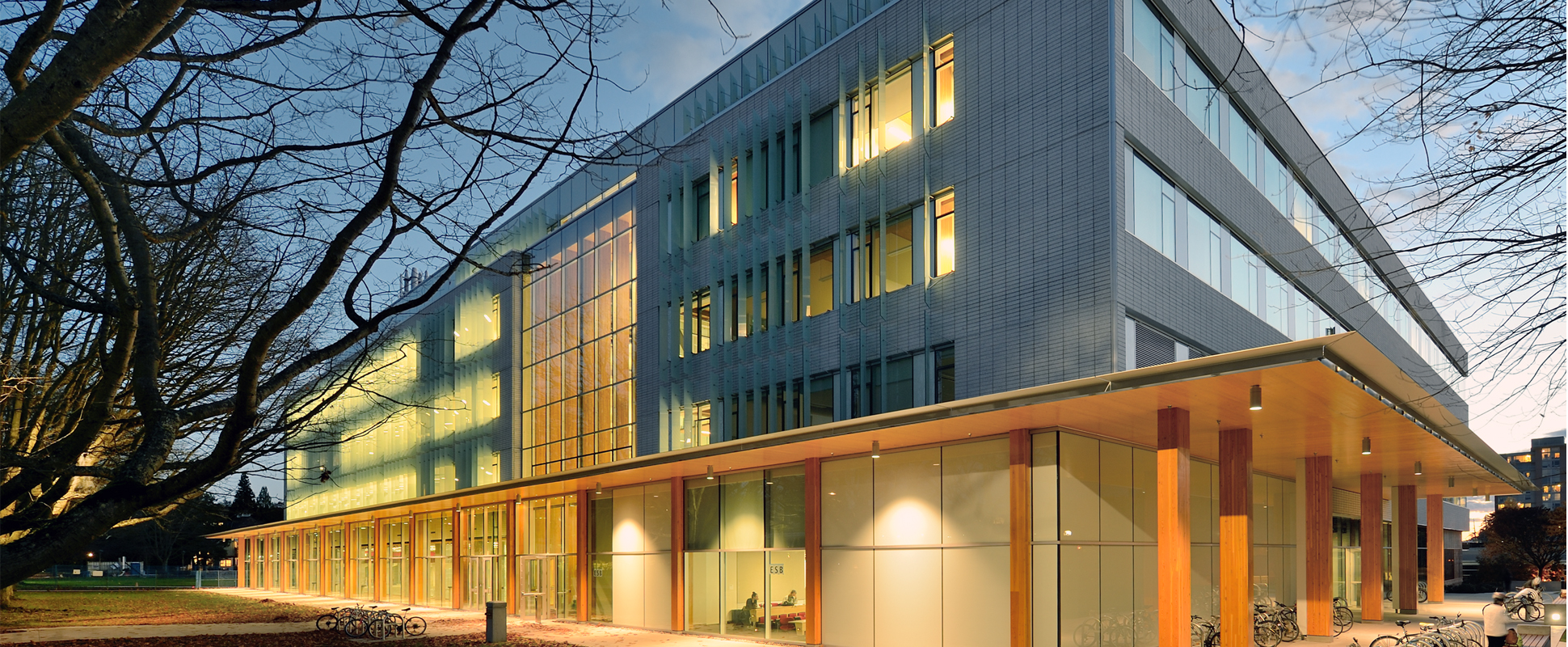University of British Columbia's Earth Science Building lit up at night