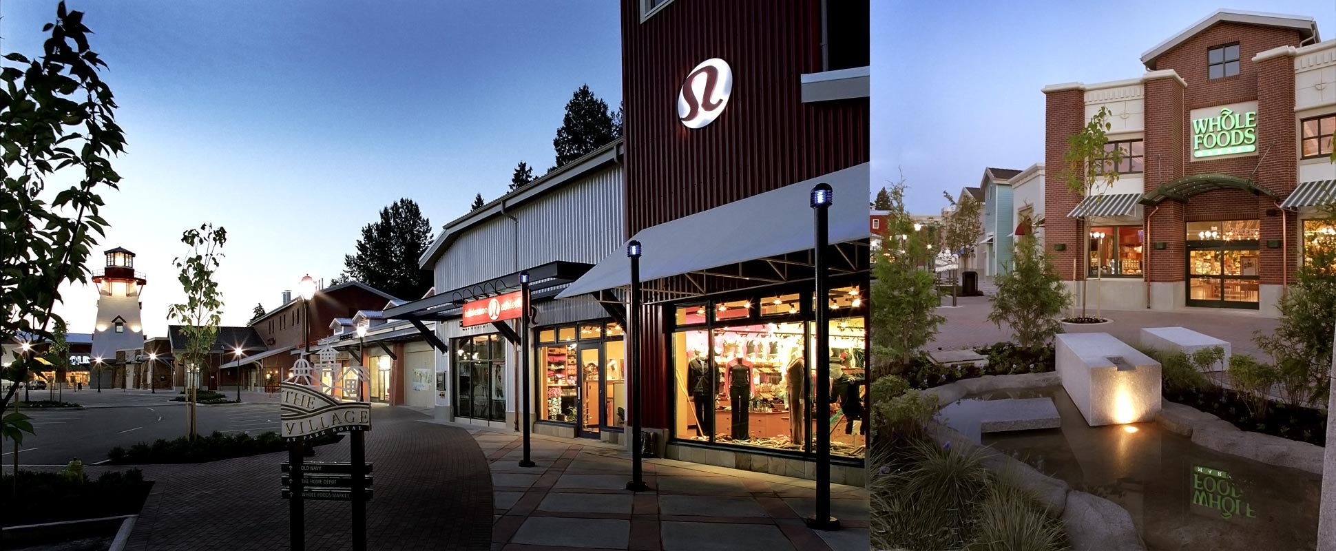 Split image of the pedestrian walkway at the Village at Park Royal at night and a water feature in front of Whole Foods