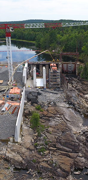 Close up birds eye view of dam and structure