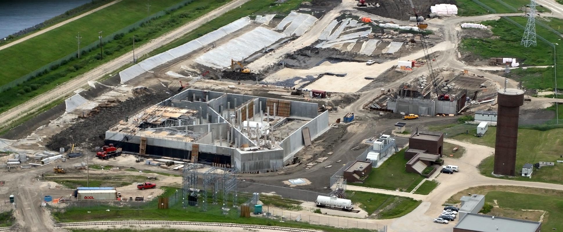 Aerial view of construction at the Winnipeg Water Treatment Plant Clearwell