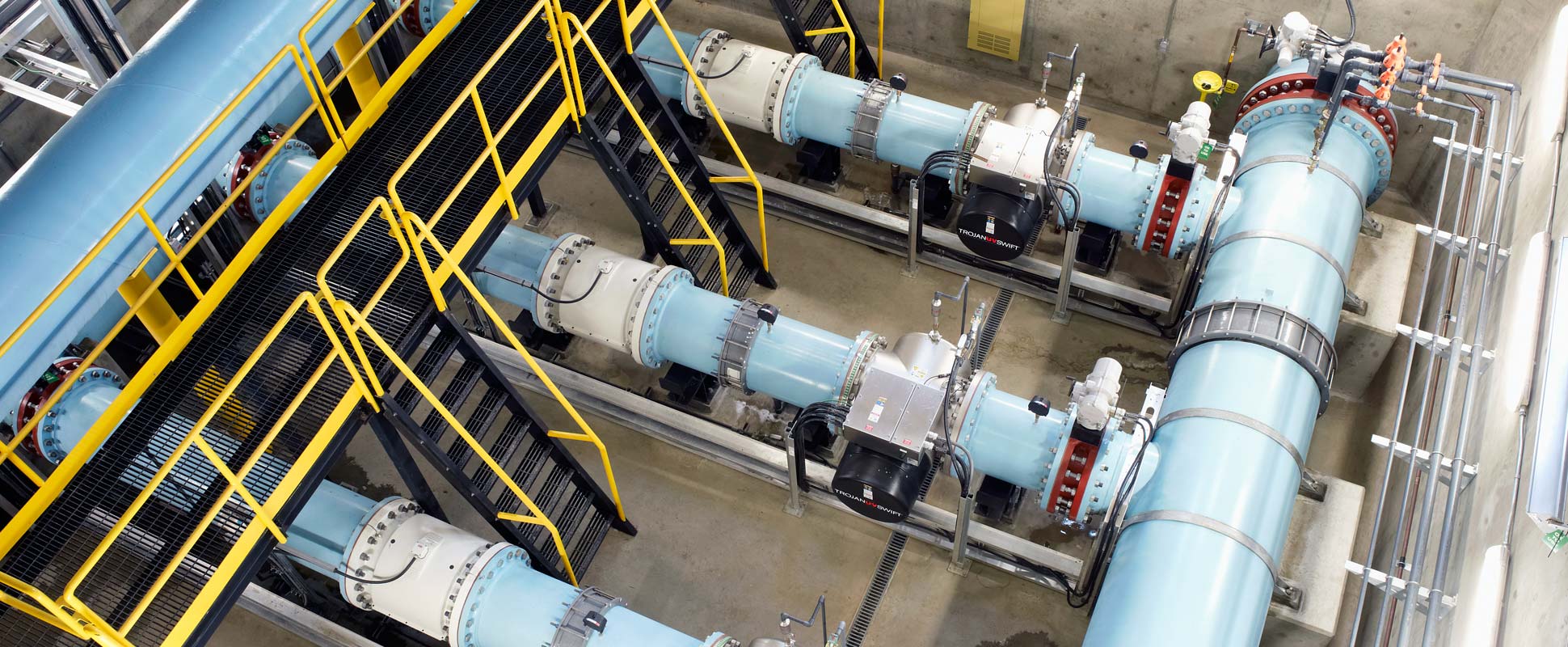 Overhead view of pipes at the Wood Buffalo Water Treatment Plant Expansion