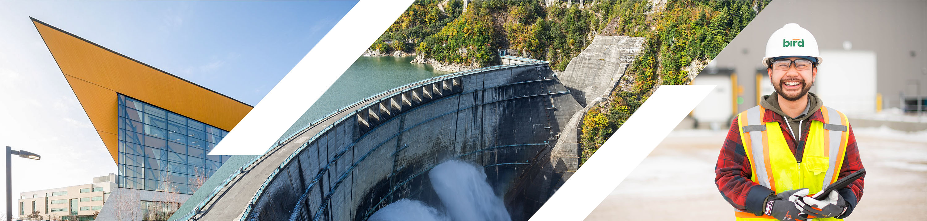 3 sustainability header images with dividers. BCIT outdoor image, dam, and smiling safety worker